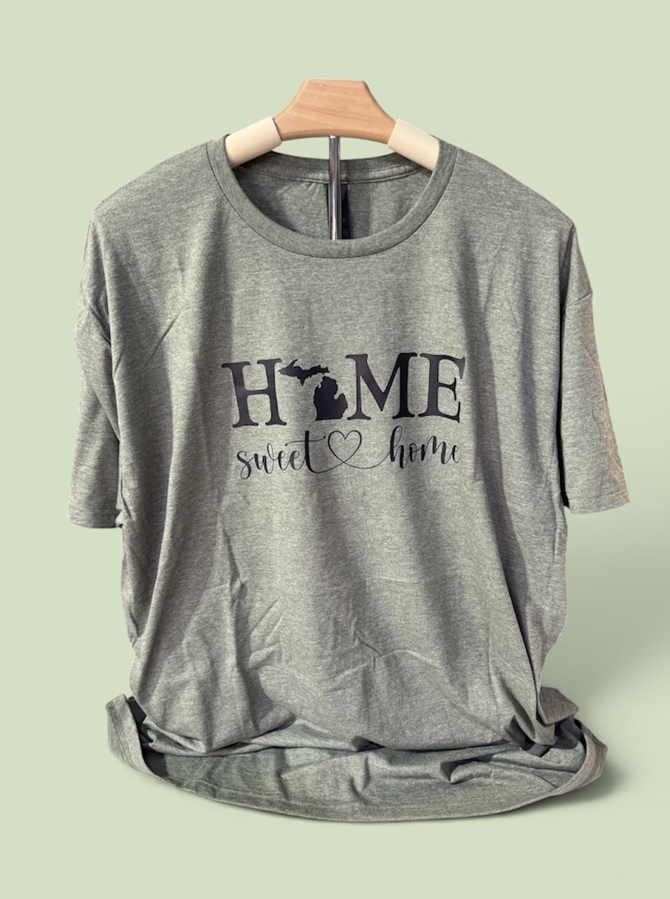 Gray shirt with Home Sweet Home Michigan design