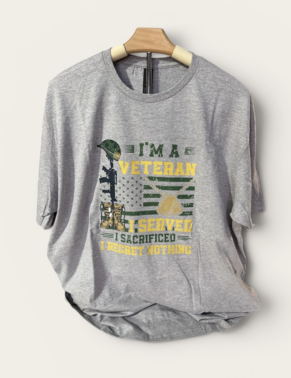 Gray shirt with veteran tribute graphic