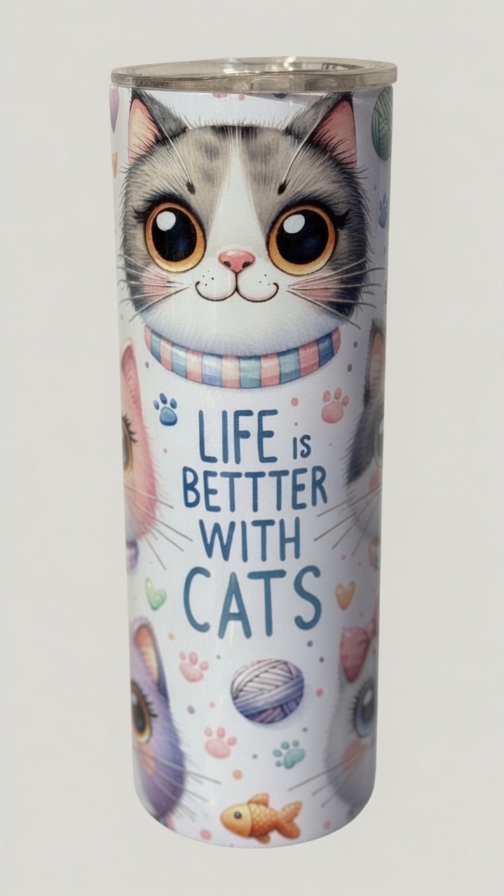 Skinny tumbler with cat illustrations and playful text