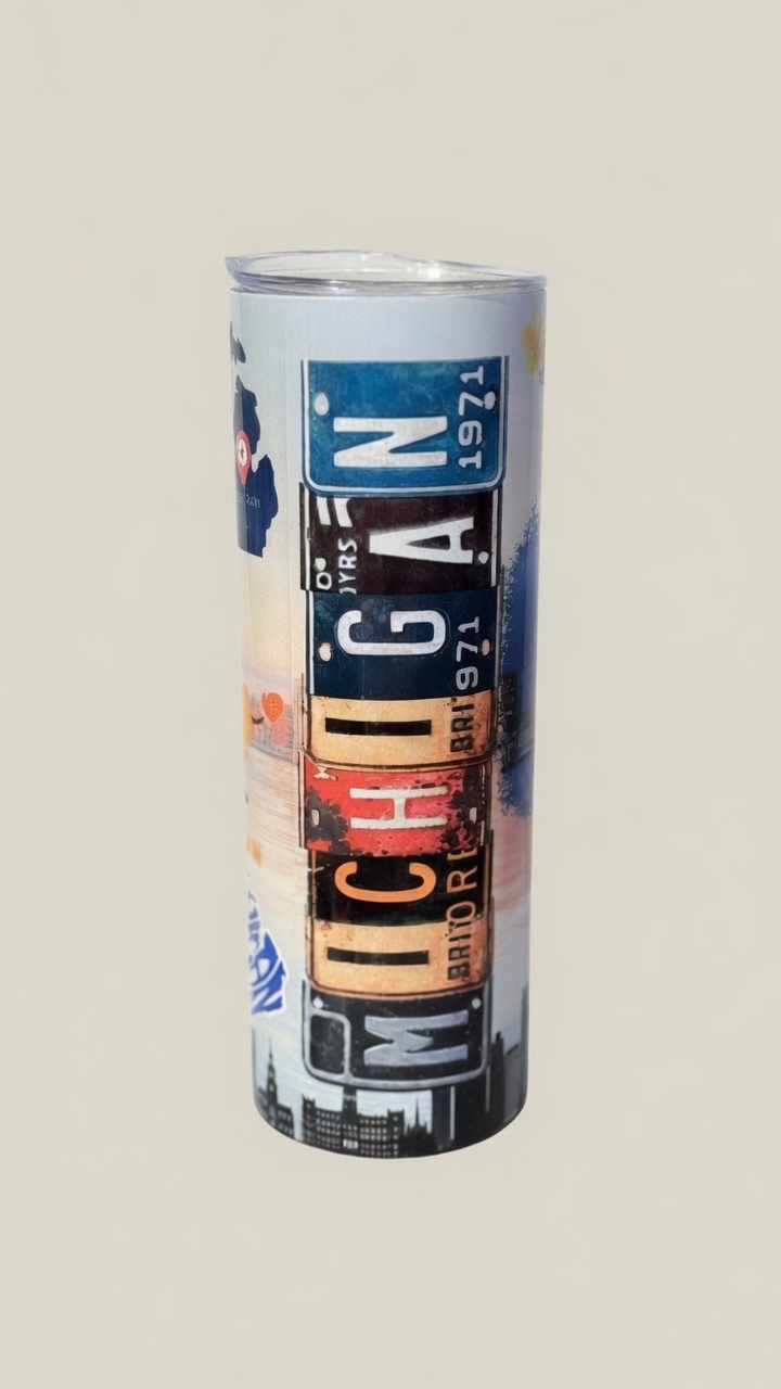 Skinny tumbler with Michigan spelled in license plate letters