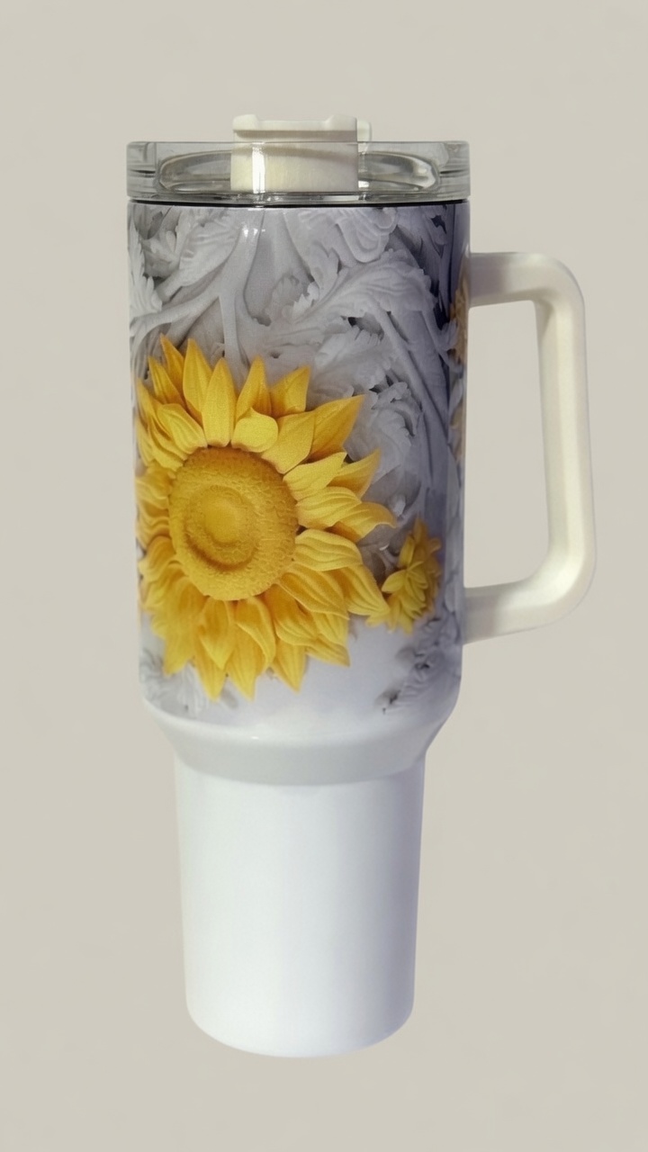 Sunflower tumbler with ornate scroll background